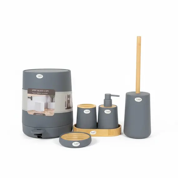 Luere Home & Fun Set Aksesore Banje 5 Copë, Gri Mat me Detaje Bambu