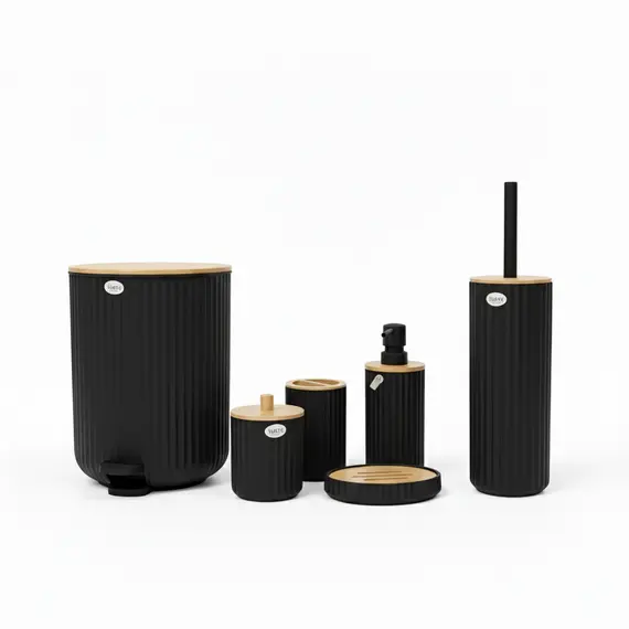 Lueré Set Aksesore Tualeti 6 Cope, Ngjyrë e Zezë me Detaje Dru Bambuje