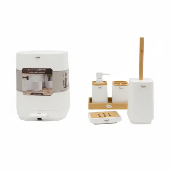 Set Aksesore Banje Lueré 6 Pjesë, Ngjyrë e Bardhë me Detaje Druri, Dizajn Modern Minimalist