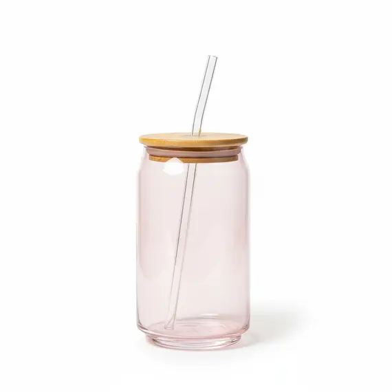 Filxhan Qelqi me Pip & Kapak Bambuje 480ml – Set 4 Copë, Rozë Transparent