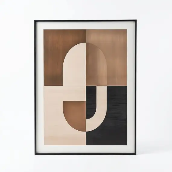 Pikturë Abstrakte Gjeometrike me Kornizë – Bezhë, Kafe & E Zezë