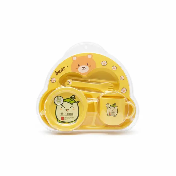 Set Ushqimi për Bebe, 4 Pjesë – Tas me Kapak, Filxhan me Dorezë, Lugë & Pirun, Dizajn Ariu i Verdhe