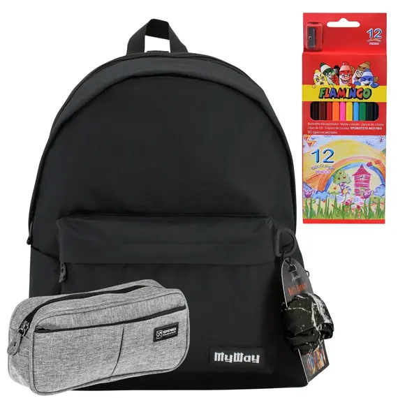 Seti shkollor 3 në 1: Çantë shpine, Kuletë, Lapsa me ngjyra