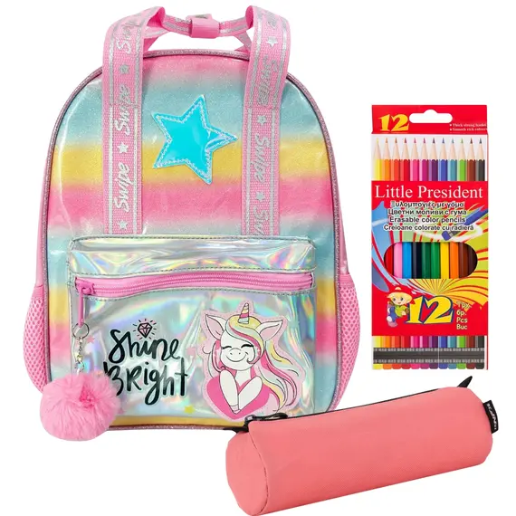 Seti shkollor 3 në 1: Çantë shpine, Kuletë, Lapsa me ngjyra